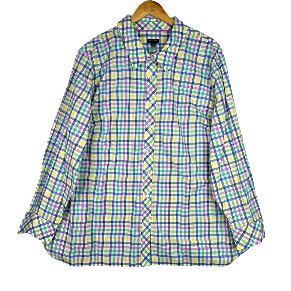 NWT Talbots Gingham Check Button Down Shirt Multicolor Plus Size 3X 100% Cotton